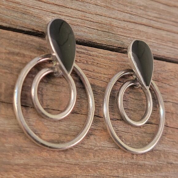 Vintage Sterling Onyx Double Hoop Earrings - Picture 3 of 7